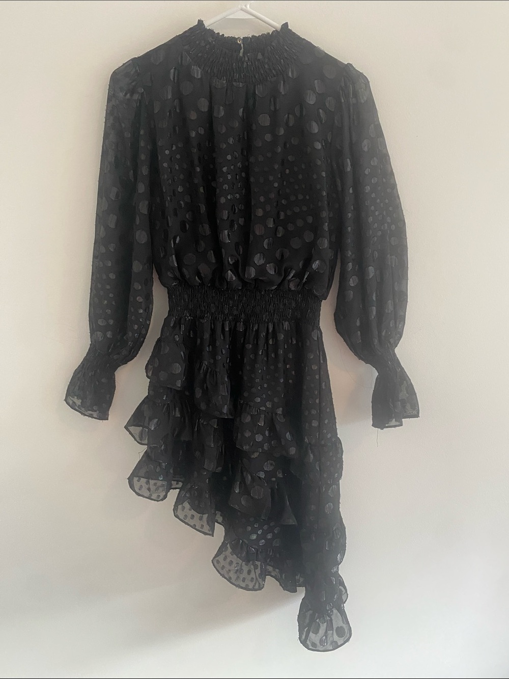 DO+BE x Revolve Sheer Asymmetrical Polka Smock Ruffle Tiered Black Dress SMALL